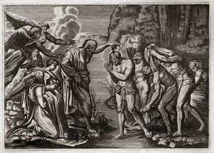ローヤルモン聖書、新約聖書。イエス・キリストの洗礼（Bapteme of Jesus Christバプテスマの聖ヨハネがヨルダン川の水でイエス・キリストに洗礼を施す。1811年のイラスト。 作： Unknown artist