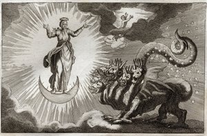 ロイアモント聖書、新約聖書。ヨハネの黙示録のベテ。聖ヨハネは、7つの頭と10本の角を持つ怪物のような獣と、光に包まれた妊婦を見ている。その足下には月があり、頭には12の星の冠がある。1811年のイラスト。 作： Unknown artist