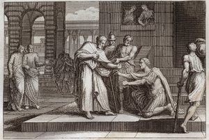 ロヤモン聖書、新約聖書。コルネリウスがバプテスマを施す。百人隊長クロウは、イエス・キリストの信仰を受け、聖ペテロから洗礼を受けます。1811年のイラスト。