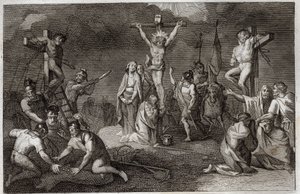 ローヤルモン聖書、新約聖書。イエス・キリストの十字架刑。十字架の下にいる聖母マリア、聖マグダラのマリア、聖ヨハネ、槍を持った百人隊長（聖ロンギヌス）、キリストのチュニックを弾く兵士たち。側面には、レプ 作： Unknown artist