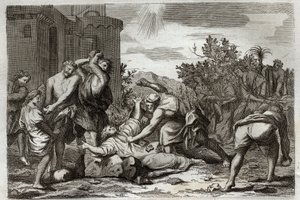 ローヤルモン聖書、新約聖書。キリスト教初の殉教者、聖ステファノの石打ちによる死。1811年のイラスト。 作： Unknown artist