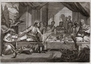 ロイアモント聖書、新約聖書。パリサイ人シモンの家での夕食。マグダラのマリアは、パリサイ人シモンのところでイエス・キリストの足元に泣きに行き、罪の赦しを得た。彼女はキリストの足に軟膏を塗り、自分の髪の毛で足を拭く。イル 作： Unknown artist