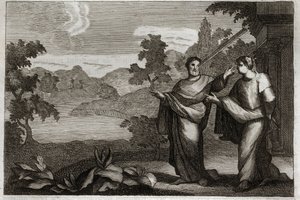 ローヤルモン聖書、新約聖書。他人を裁いてはならない。自分の目に梁があるときは、わざわざ兄弟の目から藁を引いてはいけない（藁と梁のたとえ）。1811年のイラスト。 作： Unknown artist