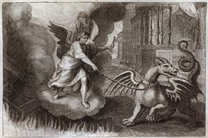 ロイアモント聖書、新約聖書。ドラゴンの鎖。悪魔の象徴である黙示録のドラゴンは、アビメの鍵を持つ天使によって鎖でつながれている。1811年のイラスト。 作： Unknown artist