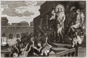 ローヤルモン聖書、新約聖書。エクセ・ホモ。ポンティウス・ピラト(Pontius Pilatius)は、「ここにその人あり」と言って、いばらを持ったイエス・キリストを群衆に差し出します。1811年のイラスト。 作： Unknown artist
