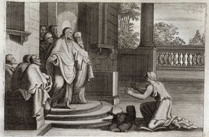 ロイアモント聖書、新約聖書。イエス・キリストとカナンの妻（The Canan or the foreign woman）。農民が娘を癒すために主に助けを求める。キリストは彼に答えた。"私はイスラエルの家の失われた羊のためだけに遣わされた"のイラスト