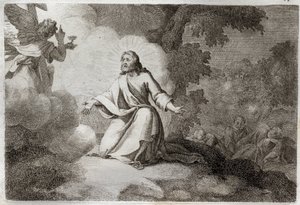 ローヤルモン聖書、新約聖書。庭園でのイエス・キリスト（オリーブ山での祈り）。聖杯を持った天使がイエスの前に現れる。聖ペテロ、聖ヨハネ、聖ヤコブのアポータは眠っている。1811年のイラスト。