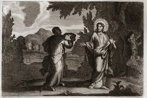 ローヤルモン聖書、新約聖書。砂漠に追いやられたイエス・キリスト。イエスは砂漠に追いやられる。彼は四十日と四十夜を過ごした。彼は悪魔に誘惑され、石をパンに変えるように誘われる。1811年のイラスト。