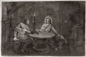 ロイアモント聖書、新約聖書。夜、イエス・キリストを探しに来たニコデマ。1811年のイラスト。 作： Unknown artist