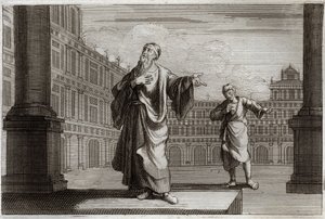 ローヤルモン聖書、新約聖書。神殿に祈りに行ったパリサイ人と公娼人の例え。1811年のイラスト。 作： Unknown artist