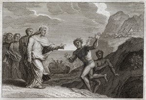 ローヤルモン聖書、新約聖書。憑依された悪霊。イエス・キリストは、悪魔が激怒した憑依者を癒した。1811年のイラスト。 作： Unknown artist