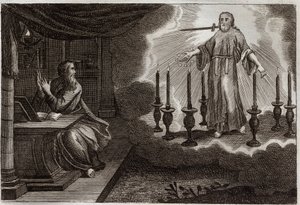 ローヤルモン聖書、新約聖書。聖ヨハネの黙示録の中の黙示録。イエス・キリストは聖ヨハネの中で、7つの金の燭台の間に現れ、右手には7つの星を持ち、口からは剣を出しています。1811年のイラスト。 作： Unknown artist