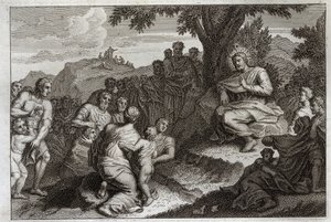 ローヤルモン聖書、新約聖書。山上の説教。イエス・キリストは、弟子の中から12人のアポータを選び、彼らの前で、また大勢の人々の前で、通常「山上の説教」と呼ばれる説教を行った。挿絵は1811年のもの。 作： Unknown artist