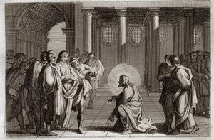 ローヤルモン聖書、新約聖書。姦淫の女イエス・キリストは、ユダヤ人が自分に仕掛けた罠から自分を欺いて、「姦淫の罪で捕らえられた女はどうすべきか」と尋ねて、「あなた方のうち罪のない者が、その罪を投げなさい」と言った。 作： Unknown artist