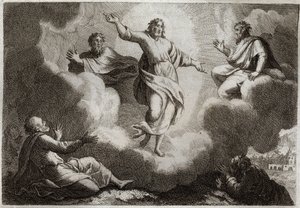 ロイアモント聖書、新約聖書。イエス・キリストの変容。キリストはモーセとエリヤを囲み、下には使徒の聖ヨハネ、ペテロ、ヤコブがいる。1811年のイラスト。 作： Unknown artist