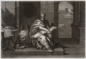 ローヤルモン聖書、新約聖書。ライオンを連れた伝道者サン・マルコ。1811年のイラスト。 作： Unknown artist