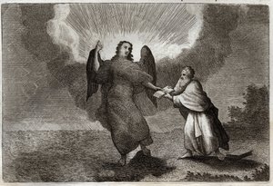 ローヤルモン聖書、新約聖書。聖ヨハネの幻。開かれた書物を持つ天使が、聖ヨハネを貪るように与えるビジョン。1811年のイラスト。 作： Unknown artist