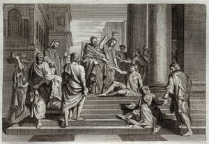 ローヤルモン聖書、新約聖書。足の不自由な人の戦争聖ペテロは、聖ヨハネに伴われて、エルサレムで足の不自由な人を奇跡的に助けた。1811年のイラスト。