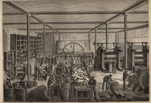 ゴム：ゴム工場。Adolphe BITARDの "Les arts et metiers illustres "に掲載された1885年の版画。