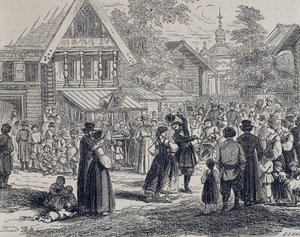 ロシア（C19）。村でのパーティー。1879年（エングレーヴィング） 作： Unknown artist