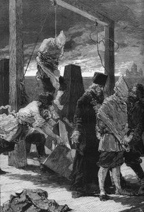 ロシア、サンクトペテルブルク：1880年11月16日、聖ペテロとパウロの要塞の聖ヨハネのラベリンで、2人のニヒリスト、クヴィアトコフスキーとプレスニャコフが処刑されました。彼らは1879年の冬の宮殿への襲撃事件の犯人でした。 作： Unknown artist