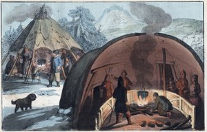 ラップランドのテントの中のサーミの家族 - 火を囲む家族とラップランドの小屋の内部 - 「宇宙のすべての民族の用途と習慣」の刻印。または、すべての国の政府、法律、民兵、宗教の歴史、から