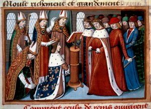 聖なる王シャルル7世（1422-1461）は、1429年7月17日にランスのアルシュベクによって描かれました。 マルシャル・ドーヴェルニュ（1430-1508）の「シャルル7世のヴィジル」から引用されたミニチュアです。 作： Unknown artist