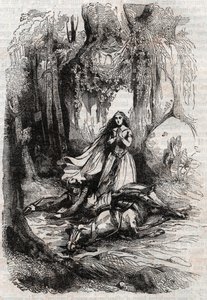 サクリパント（Sacripante）がアンジェリカ（Angelica）の前でデサルコンヌ（desarconne）する-アリオスタとして知られるルドヴィコ・アリオスト（Ludovico Ariosto）の「Roland furieux」（Orlando furioso）（16世紀）の1851年の版画-トレサン伯爵がイタリア語から翻訳した版とp 作： Unknown artist