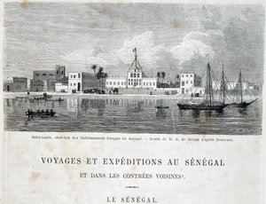 セネガルにおけるフランス施設の首都、サン・ルイ - Tour du Monde誌の「Voyage et voyages au Sénégal」（1861年第2巻）に掲載。 作： Unknown artist