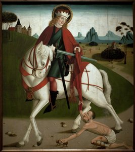 サン・マルタンと乞食。自分のコートを切って乞食に与えた。無名の絵画、1490年頃。ハンガリー、ブダペスト、マジャール・ネムゼティ・ガレリア 作： Unknown artist