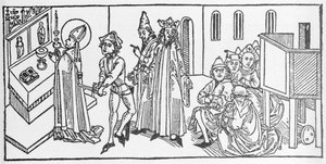 聖マタイ。VoragineのJacobus（James）（1228-1298）による「Leben der Heiligen - sommerteil」（聖人の書）からのエングレーヴィング。Lubeck 1488年。 作： Unknown artist