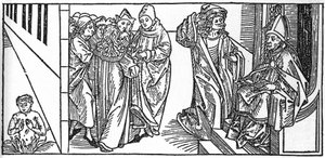 聖セヴェリン。VoragineのJacobus（James）（1228-1298）による「Leben der Heiligen - sommerteil」（聖人の書）からのエングレーヴィング。Lubeck 1488年。
