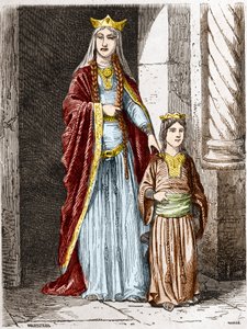 Sainte Bathilde (or Batilde, Bathylle, Beaudour) (626-680), フランツの女王とクロテール。Histoire De France En Cent Paintings by Paul Lehugeur」（1891年）に掲載されたエングレーヴィング。 作： Unknown artist