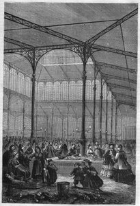 1866年、パリのホールで行われた競売での魚の販売（バルタール亭）。 作： Unknown artist