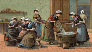 イワシ産業：頭を切る、塩漬けにする。19世紀末のクロモリトグラフ 作： Unknown artist