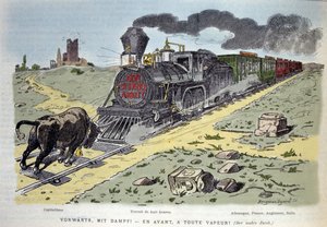 資本主義の象徴である雄牛が、労働改革の列車を止めようとする姿を風刺した寓話的ヴィネット。ワゴンはそれぞれの国に合わせてデザインされている。ドイツ、フランス、イギリス、イタリア 1897年 作： Unknown artist