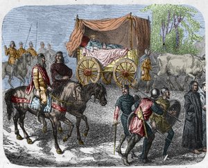 怠け者の王たちを描いたシーン。フランス王ティエリー3世（673〜691年）は、牛が引くベッド付きの戦車で運ぶ。 作： Unknown artist