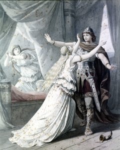 リヒャルト・ワーグナーのオペラ「最後の部族のコーラ・リエンツィ（Rienzi, der Letzte der Tribunen）」のシーン。議事堂内でイレーネと一緒にいる英雄リエンツィを表現しています。1842.エングレーヴィング。 作： Unknown artist