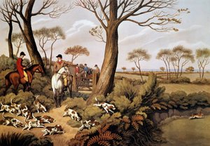 イギリスでの野ウサギ狩りの風景。19世紀のリトグラフ ジエン、ハンティングミュージアム 作： Unknown artist