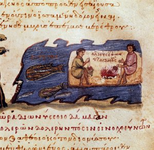 夜釣りの場面 シリアのオッピアン（Oppian or Oppianus）がカラカラに捧げた狩猟「シネゲティクス」のミニチュア（JC後3世紀） - 11世紀 - ヴェネツィア、Biblioteca Marciana所蔵 作： Unknown artist