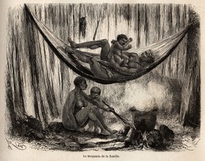 サン・ホセ（ペルー）の宣教地に住むヤワス族の家族生活の一場面。男はハンモックの中で最後の遊びをし、妻と股間の子供はヤワス族が得意とするハンモック・ネットを作るためにヤシのシャンビラの茎を準備している。エングラ 作： Unknown artist