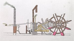 ロバート・フルトン（1765〜1815）が1807年にハドソン川のニューヨーク-アルバニー間を結ぶために作った蒸気船「ル・クレモン」の車輪軸のシェーマ。図面はこちら 作： Unknown artist