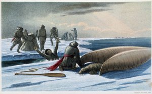 アザラシ狩り。"Seal hunting in the gulf" - Hind著「Exploration of the Labrador Peninsula」（ロンドン）にて 作： Unknown artist