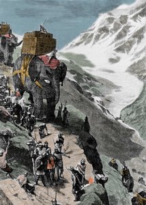 第二次ポエニ戦争。紀元前218年、アルプスを越えるハンニバル・バルカの軍隊。19世紀のイタリアの彫刻。 作： Unknown artist
