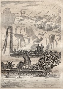 キャプテン・ジェームズ・クック（1728-1779）による第2回目の航海（1772-1775）。ネオ・ゼランディーズの戦争用カヌー（Neo Zelandaises） - イラストは "The Great Mariners of the 18th century "より引用
