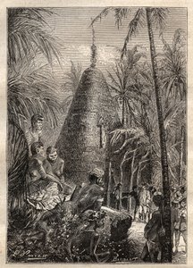 キャプテン・ジェームズ・クック（1728-1779）の第2回目の航海（1772-1775）：かなりの高さの屋根の上にある伝統的な円形の家（ニューカレドニア） - 図版は "The Great Mariners of 18th century "から引用した。 作： Unknown artist