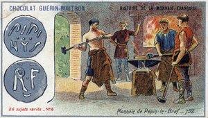 ショコラ・ゲラン・プトロン社のHistoire de la Monnaie Françaiseシリーズ。19世紀のクロモリトグラフ。ぺピンは752年にブリーフを発行 作： Unknown artist