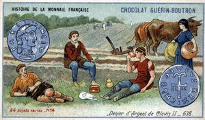 ショコラ・ゲラン・プトロン社のHistoire de la Monnaie Françaiseシリーズ。クロモリトグラフ 19世紀638年クロヴィス2世の銀製デニール 作： Unknown artist
