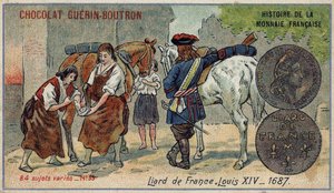 ショコラ・ゲラン・プトロン社のHistoire de la Monnaie Françaiseシリーズ。クロモリトグラフ 19世紀フランスのリアード。1687年のルイ14世 作： Unknown artist