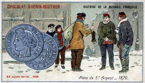 ショコラ・ゲラン・プトロン社のHistoire de la Monnaie Françaiseシリーズ。クロモリトグラフ 19世紀1870年の5フラン銀貨